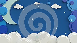 The night sky have a crescent moon cloud and stars, 3d rendering  paper cut , Graphic 3d illustrator