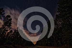 Night sky and horizon from the middle of a lonely rural road