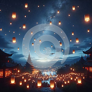 Night sky illuminated by floating lanterns above an ancient town