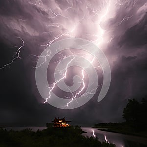 Lightning Thunderstorm Over A Lone House At Night Generative AI