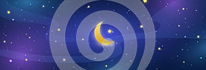 Night sky long banner. Half moon and stars in midnight. Blue shining space universe. Ramadan Kareem festival background. Starry