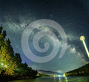 Night sky with milky way and Katun river.