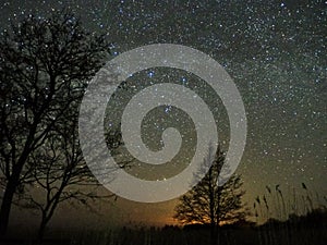 Night sky and milky way stars, Perseus, Cassiopeia over field