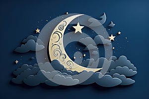 Night sky with moon and clouds. Paper art style. Vector illustration. Generative AI