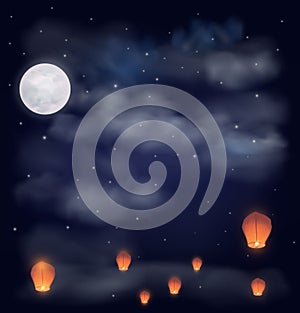 Night sky with the moon, stars and chinese wish lanterns