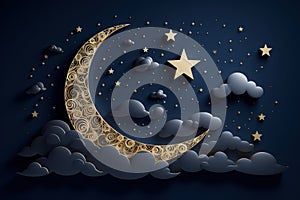 Night sky with moon, stars, and clouds. Paper art style. Vector illustration. Generative AI