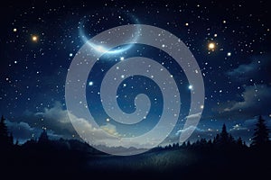 Night sky with moon and stars. Elements of this image furnished by NASA, A starry night sky with a crescent moon and tiny glow in