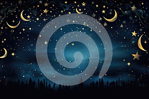 Night sky with moon and stars. Vector illustration for your design, A starry night sky with a crescent moon and tiny glow in the