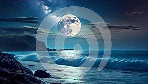 Night sky moonlight ocean landscape. AI art generated