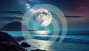 Night sky moonlight ocean landscape. AI art generated