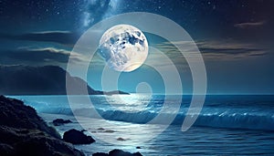 Night sky moonlight ocean landscape. AI art generated