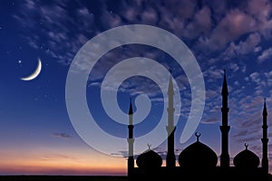 Night sky mosque silhouette, Crescent moon stars, Ramadan Kareem