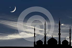 Night sky mosque silhouette, Crescent moon stars, Ramadan Kareem