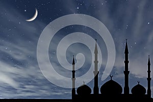 Night sky mosque silhouette, Crescent moon stars, Ramadan Kareem