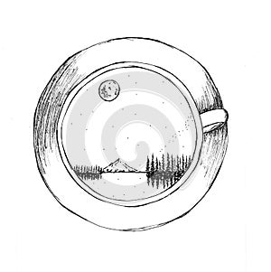 Night sky mountains forest in a coffee cup drawing