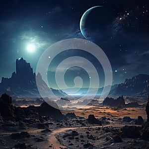 Night sky over desolate planet with moon