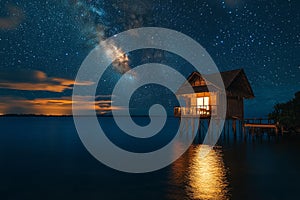 Night sky over a serene stilted house by the water with shimmering reflections and distant stars photo