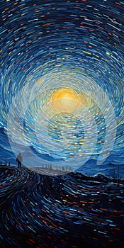 Night Sky Painting With Walking Figures: A Stunning Blend Of Impressionism And Op Art