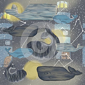 Night sky pattern with fairy motives. Driftwood whales, constellations, and lighthouses.