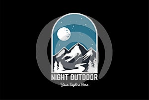 Night Sky Pine Evergreen Spruce Conifer Larch Cypress Fir Forest with Lake Creek River Badge Emblem for Outdoor Camp Adventure T