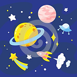 Night sky with planets, rocket and stars.