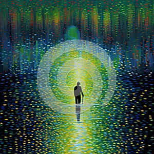 Night Sky Pond: A Colorful Pixel-art Painting Of A Person Walking