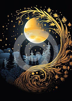 The Night Sky\'s Full Moon and Trees Silhouette: A Fairy Tale Des