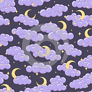 Night sky seamless pattern with clouds stars and moons. Cute children illustration