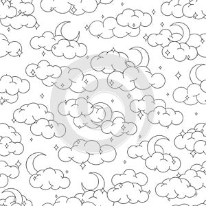 Night sky seamless pattern with clouds stars and moons outline. Cute children illustration