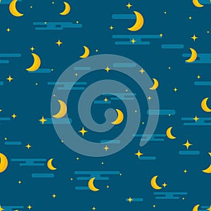 Night sky seamless pattern design. Moon, stars and clouds repetitive print. Children or kids lullaby repeating background for tex