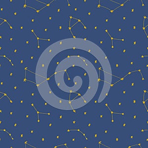 Night sky seamless pattern with stars in cartoon flat childish style on blue background. vector illustration of star