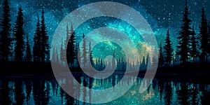 Night Sky Serenity Peaceful Lake and Forest Reflection
