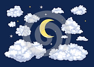 Night sky set. Clouds of different shapes and moon.