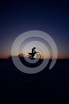 Night, sky and silhouette, person and motorcycle riding in nature, extreme sports on mockup background. Biking