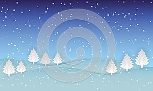 Night sky with snow christmas landscape nature background, paper art style illustration