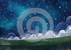 Night sky among the star,cloud, fog and meadow landscape illustration background .