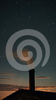 Night sky with stars above a silhouetted smokestack