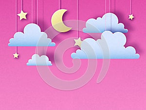 Night sky with stars, clouds and moon. Cut out paper art style design