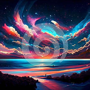 Night sky with stars and clouds over the sea. Vector illustration. Generative AI