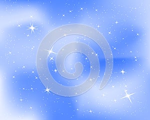 Night sky with stars and clouds. Sparkle starry blue background. Nice design for baby room. Vector illustration. EPS 10.