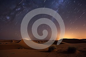 night sky with stars and meteor showers over the dunes of the sahara desert