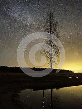 Night sky stars and  milky way over lake