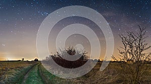 Night sky stars with milky way over path through fields