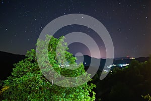 Night sky with stars and the Milky Way over the Rhodope Mountains in Bulgaria