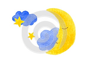 Night sky with stars and moon objects isolated clipart collection. Hand drawn in watercolor style clouds moon and stars