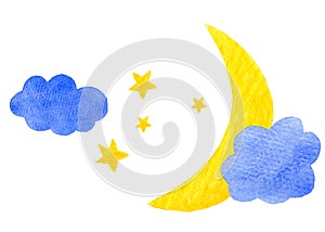 Night sky with stars and moon objects isolated clipart collection. Hand drawn in watercolor style clouds moon and stars