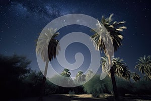 night sky with stars and moon over palm trees on desert oasis