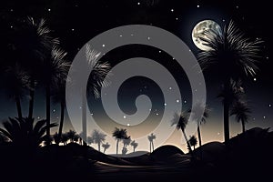 night sky with stars and moon over palm trees on desert oasis