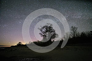 Night sky stars observingn over sea in Latvia photo