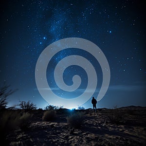 Night sky with stars and silhouette of a standing alone man